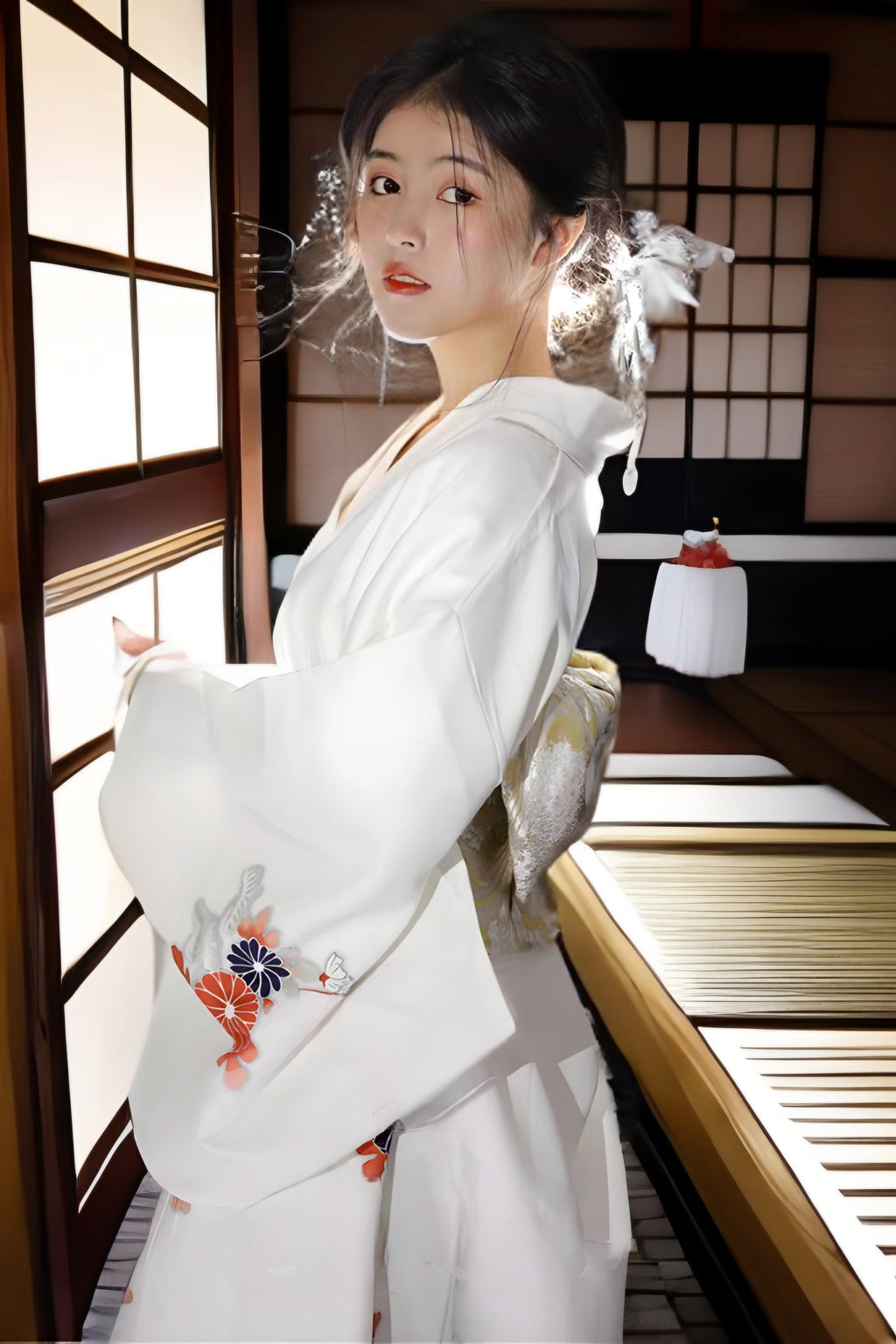 Women Daisy White Yukata and Obi Belt Set