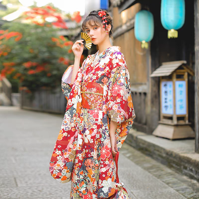 Women Red Blossom Yukata and Obi Belt Set