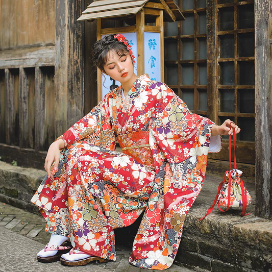 Women Red Blossom Yukata Robe and Obi Belt Set