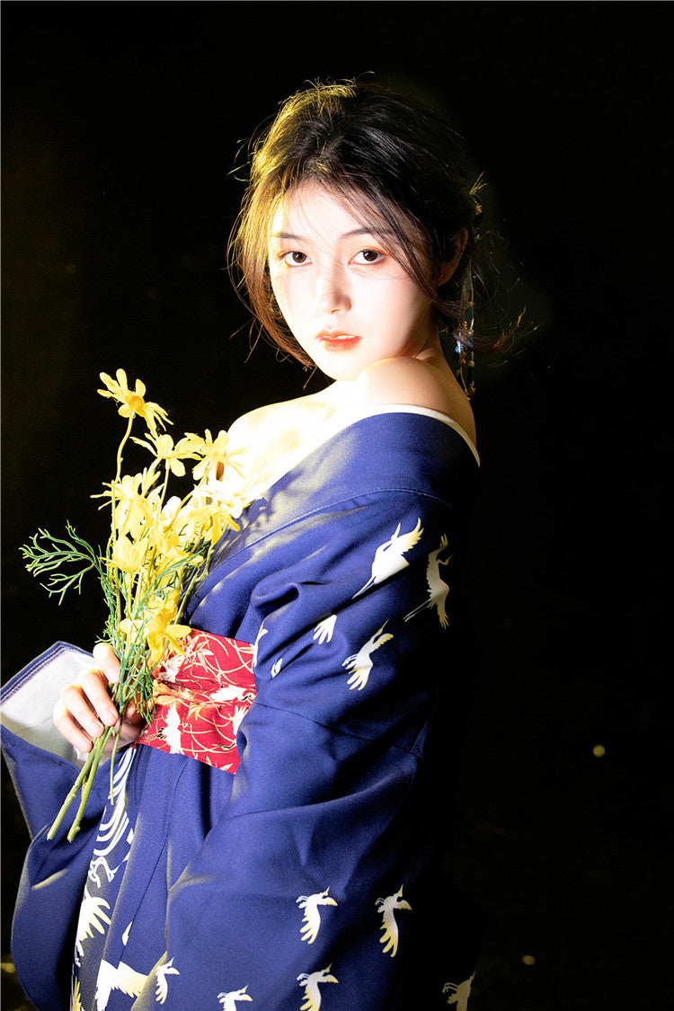 Women Crane & Wave Yukata Robe and Obi Belt Set | Japanese Kimono ...