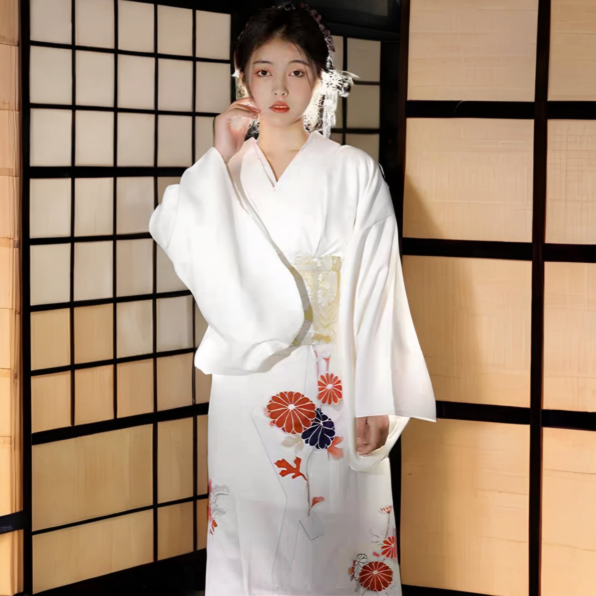 Women Daisy White Yukata and Obi Belt Set