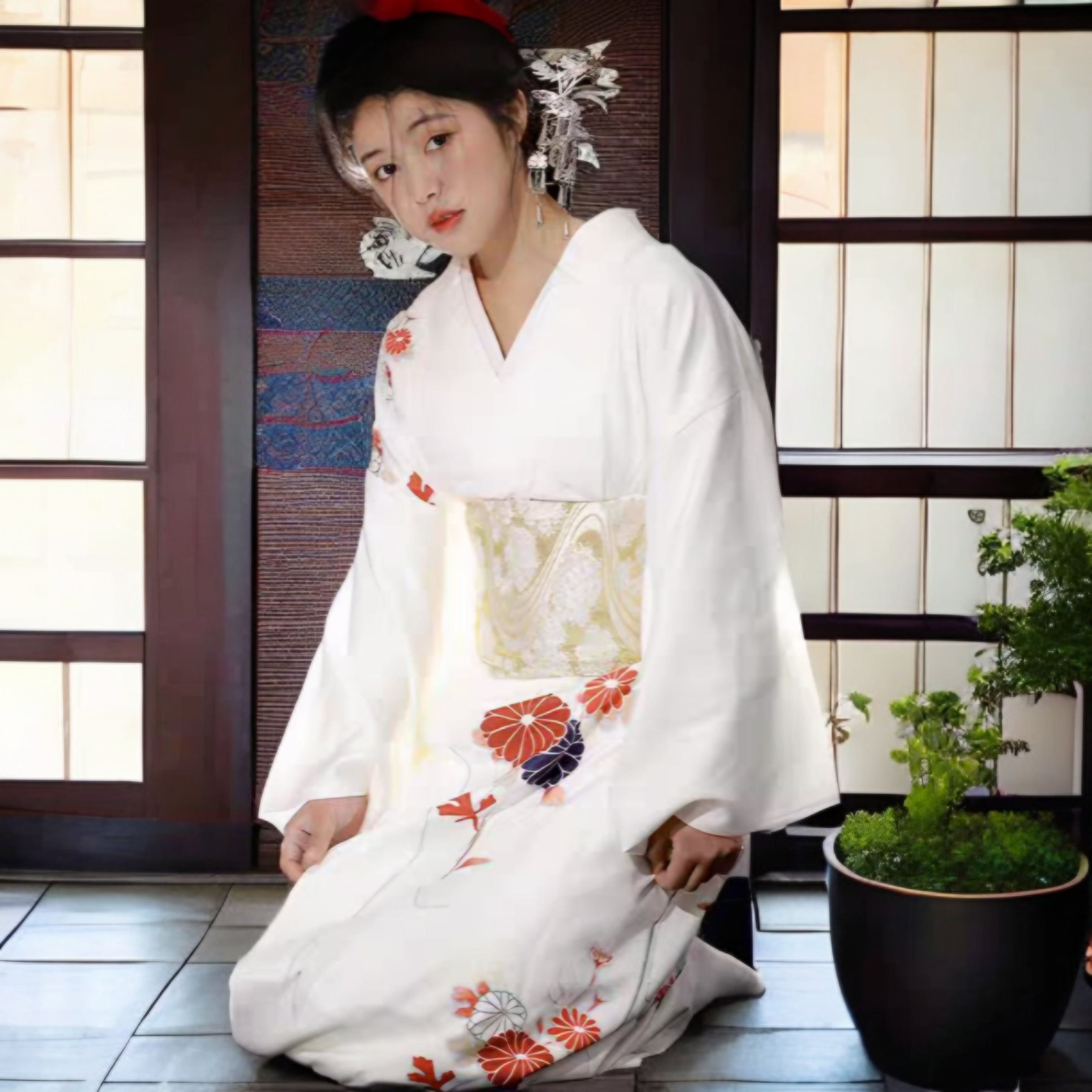 Women Daisy White Yukata and Obi Belt Set