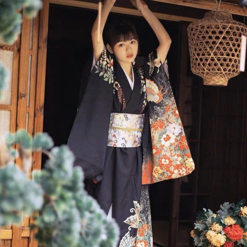 Women Butterfly & Blossom Yukata Robe and Obi Belt Set