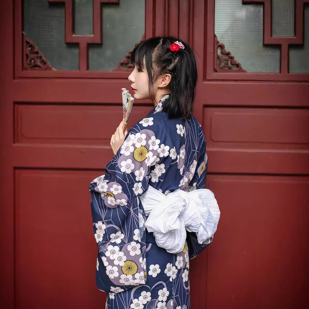 Women Midnight Plum Blossom Yukata and Obi Belt Set