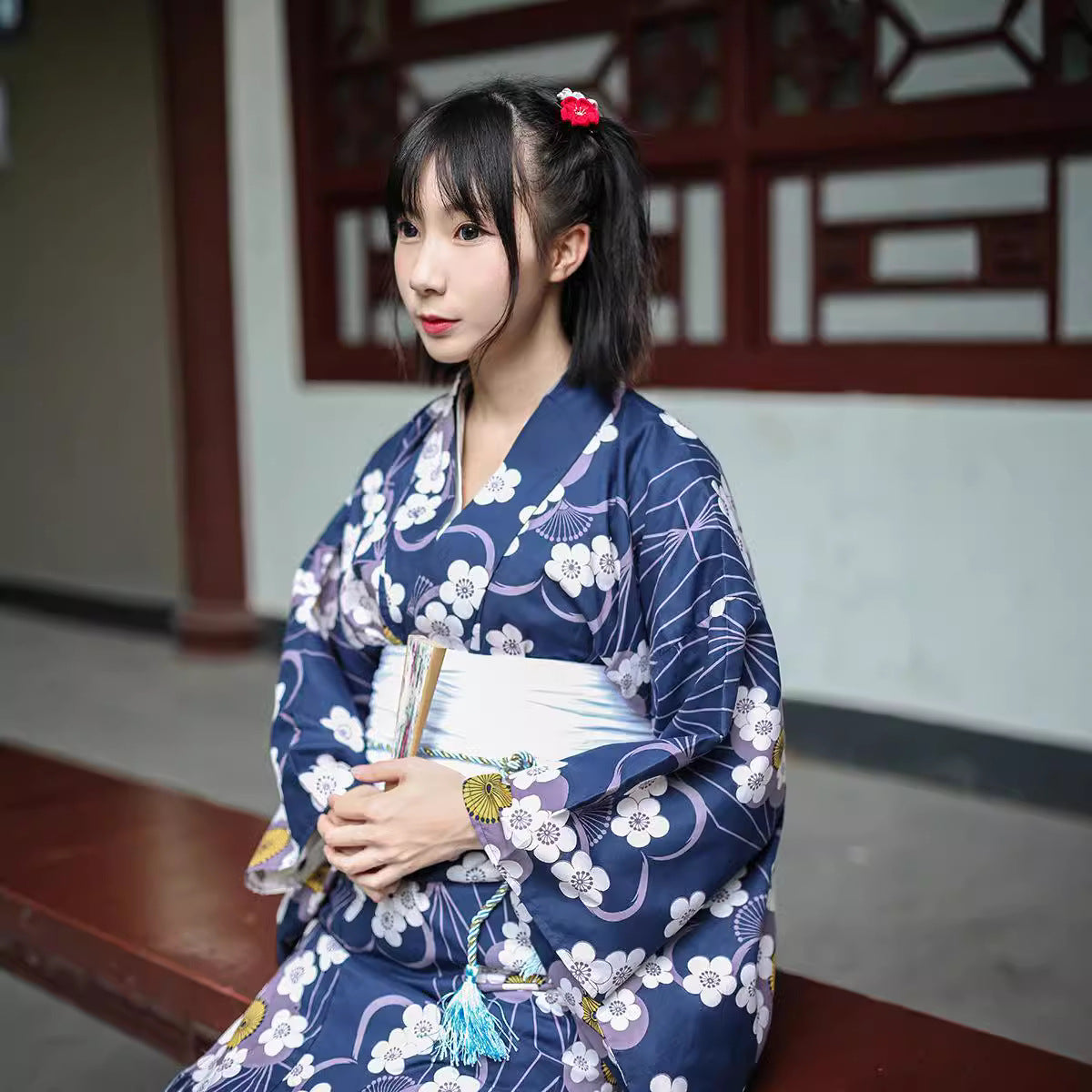 Women Midnight Plum Blossom Yukata and Obi Belt Set