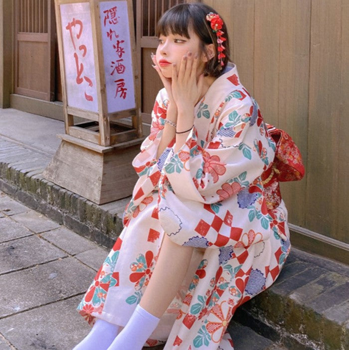 Women Camellia Yukata and Obi Belt Set
