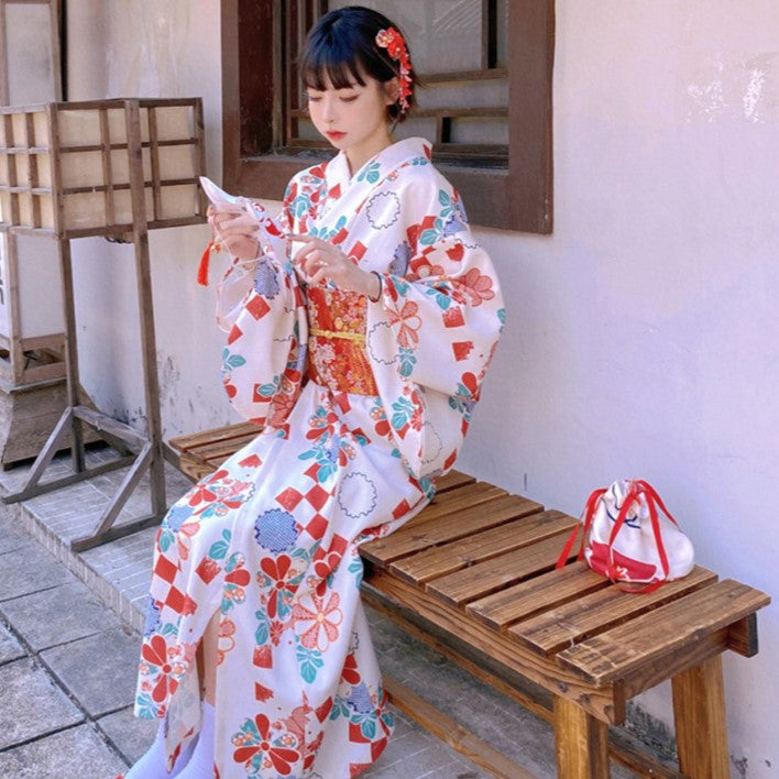 Women Camellia Yukata and Obi Belt Set