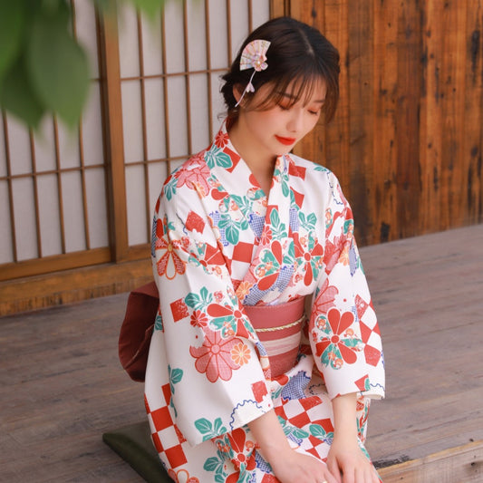 Women Camellia Yukata Robe and Obi Belt Set