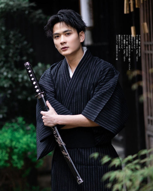 Men Stripe Pattern Kimono Bathrobe