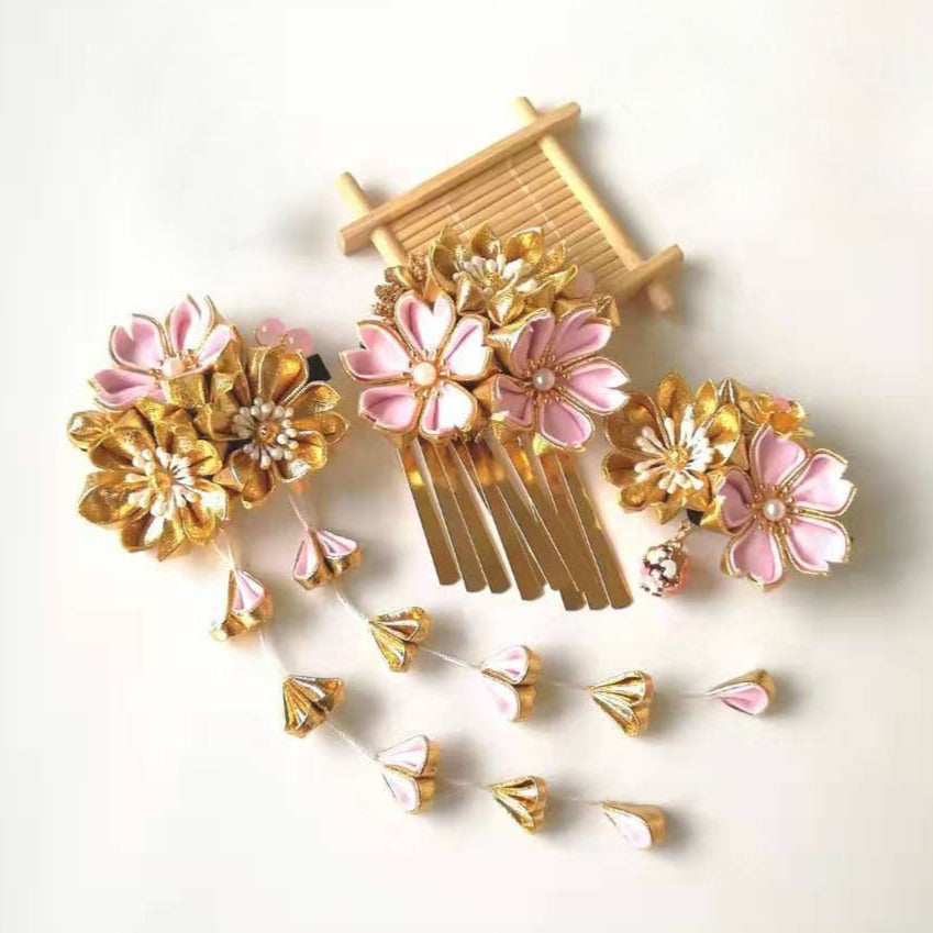 Golden Sakura Hair Pin, Japanese Traditional Tsumami Kanzashi Hair Accessory