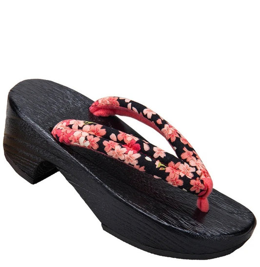 Heeled Black Blossom Japanese Wooden Sandals