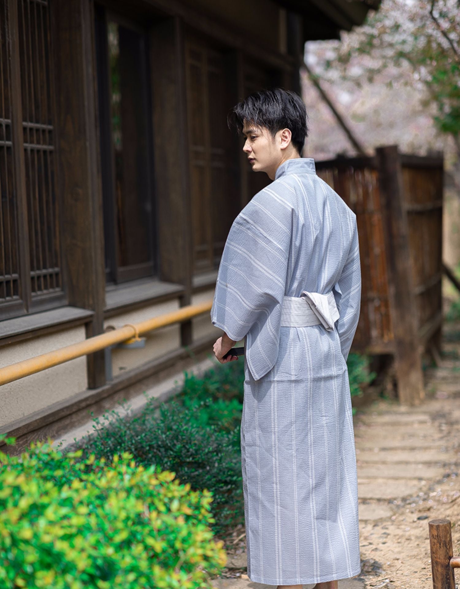 Men Grey Striped Yukata and Obi Belt Set