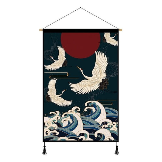 Japanese Wall Hanging Poster [Crane on Sea Wave]