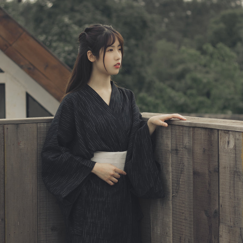 Women Classic Black Yukata and Obi Belt Set