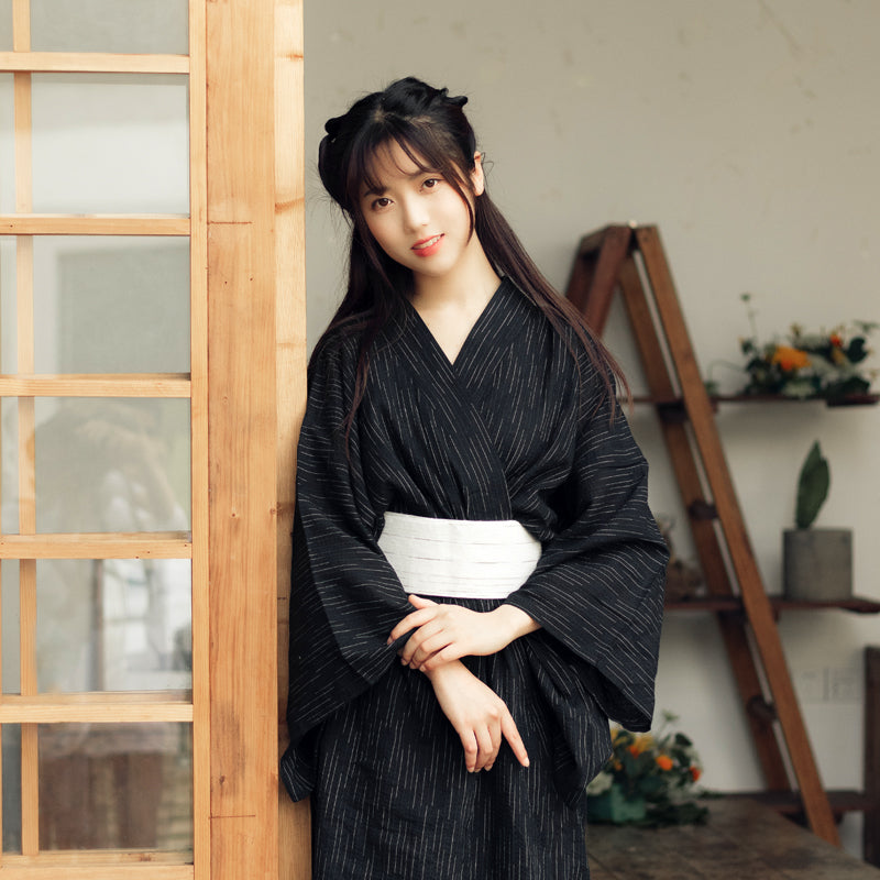 Women Classic Black Yukata and Obi Belt Set