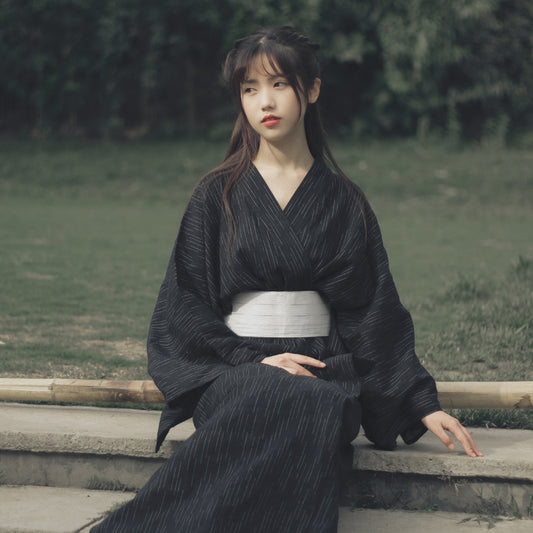 Women Classic Black Yukata and Obi Belt Set