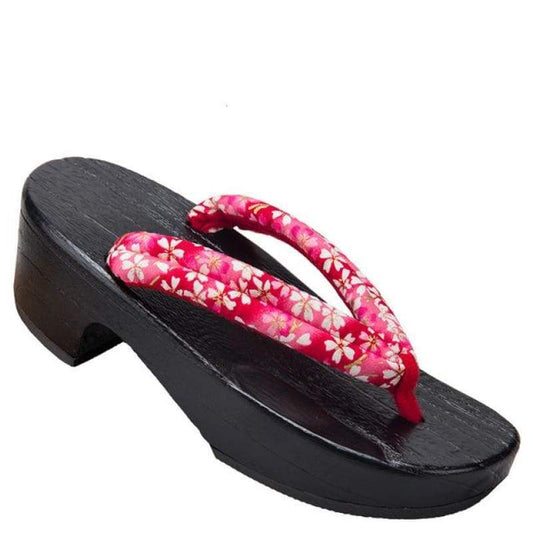 Heeled Red Blossom Japanese Wooden Sandals