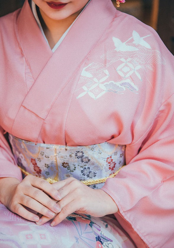 Seigaihaya Women Pink Yukata with Crane Pattern | Japanese Kimono & Gifts Shop L (Length: 150cm ; for Height: >170cm) / White