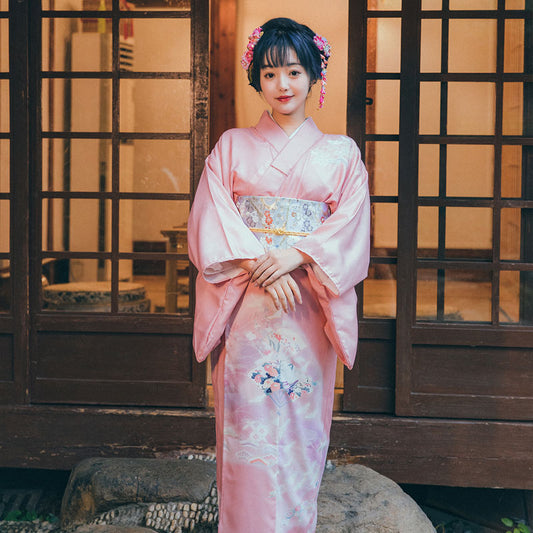 Women Pink Crane Yukata Robe