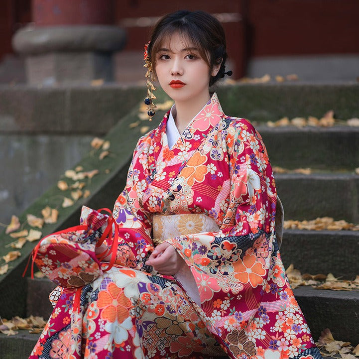 Women Red Blossom Yukata Robe and Obi Belt Set