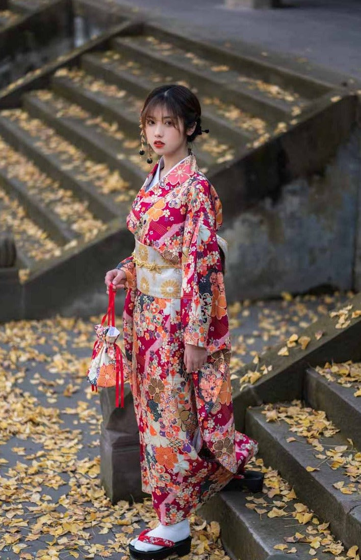 Women Red Blossom Yukata and Obi Belt Set
