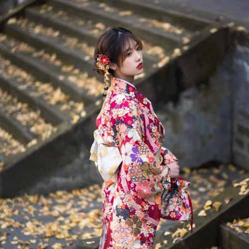 Women Red Blossom Yukata Robe and Obi Belt Set
