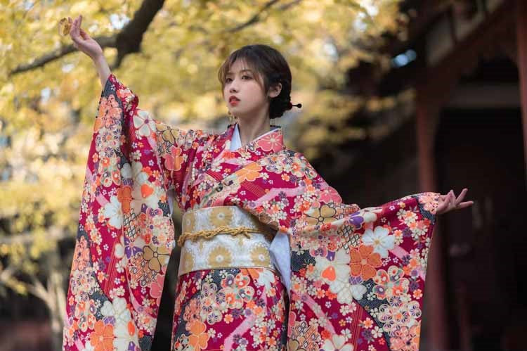 Women Red Blossom Yukata and Obi Belt Set