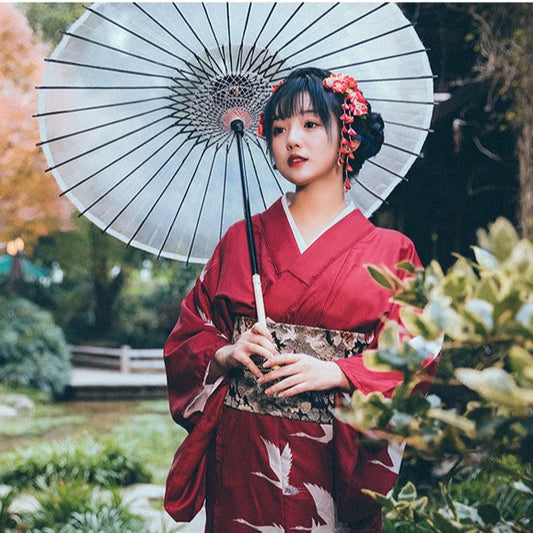 Women Red Crane Yukata Robe